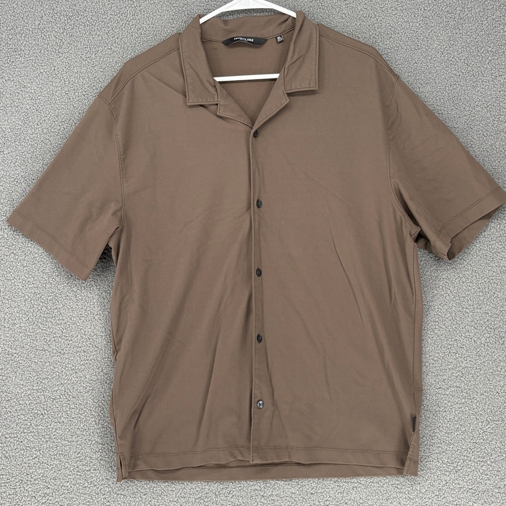 Kenneth Cole New York Mens XL Brown Short Sleeve Button Down Camp Collar Shirt